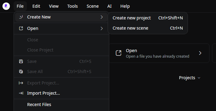 Menu Create New Project